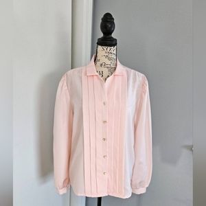 Vintage Preppy 1980s Soft Pink Pleated Long Sleeve Blouse